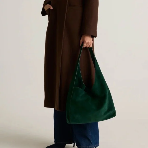 Quince Italian Suede Slouchy Shoulder Bag in Green B269 - Picture 6 of 12